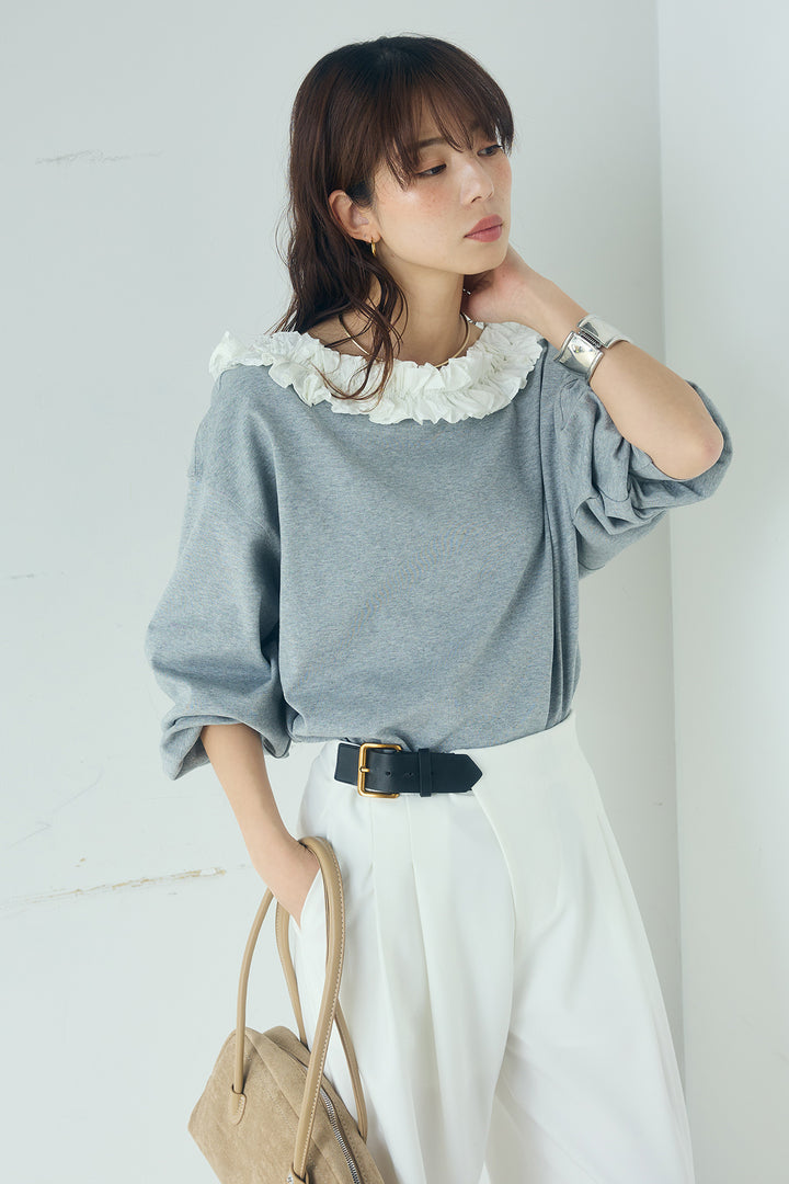 [SET]ネックギャザーフリルスウェット+サイドベルトタック入りスラックス(2set)
