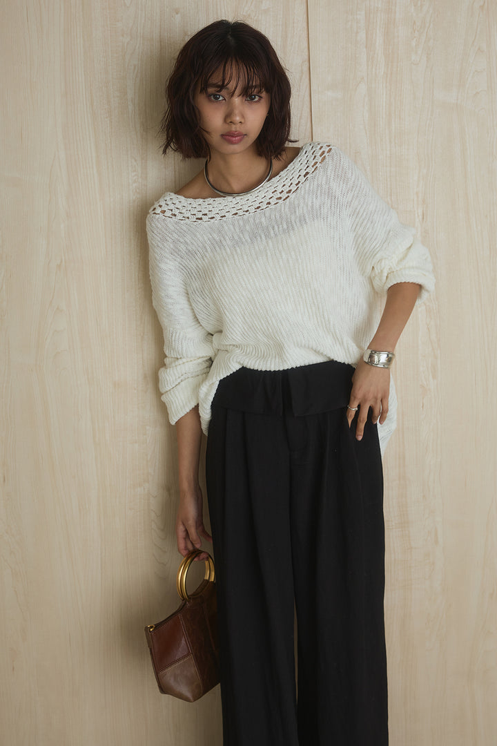 [SET]ネック編みデザインニットトップス+ウエスト折り返しワイドパンツ(2set)