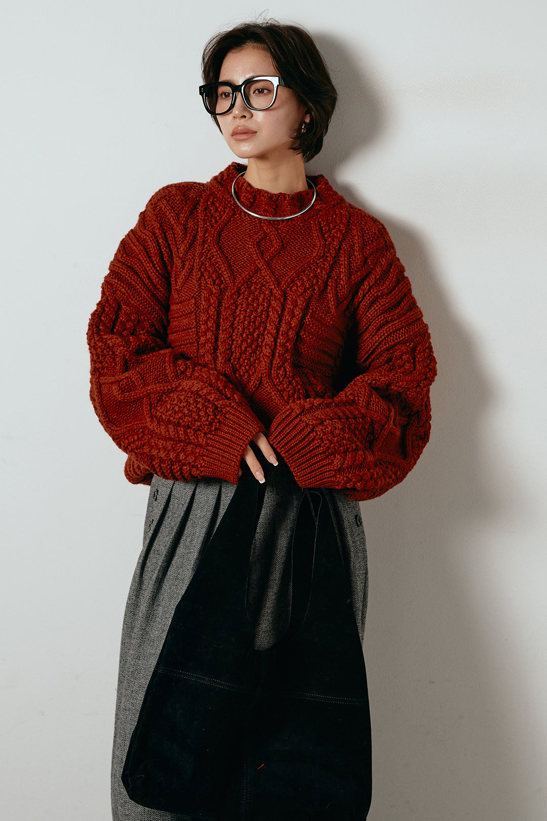 [SET]アラン柄ミックスケーブルニット+サイドボタンツイードタックパンツ(2set)