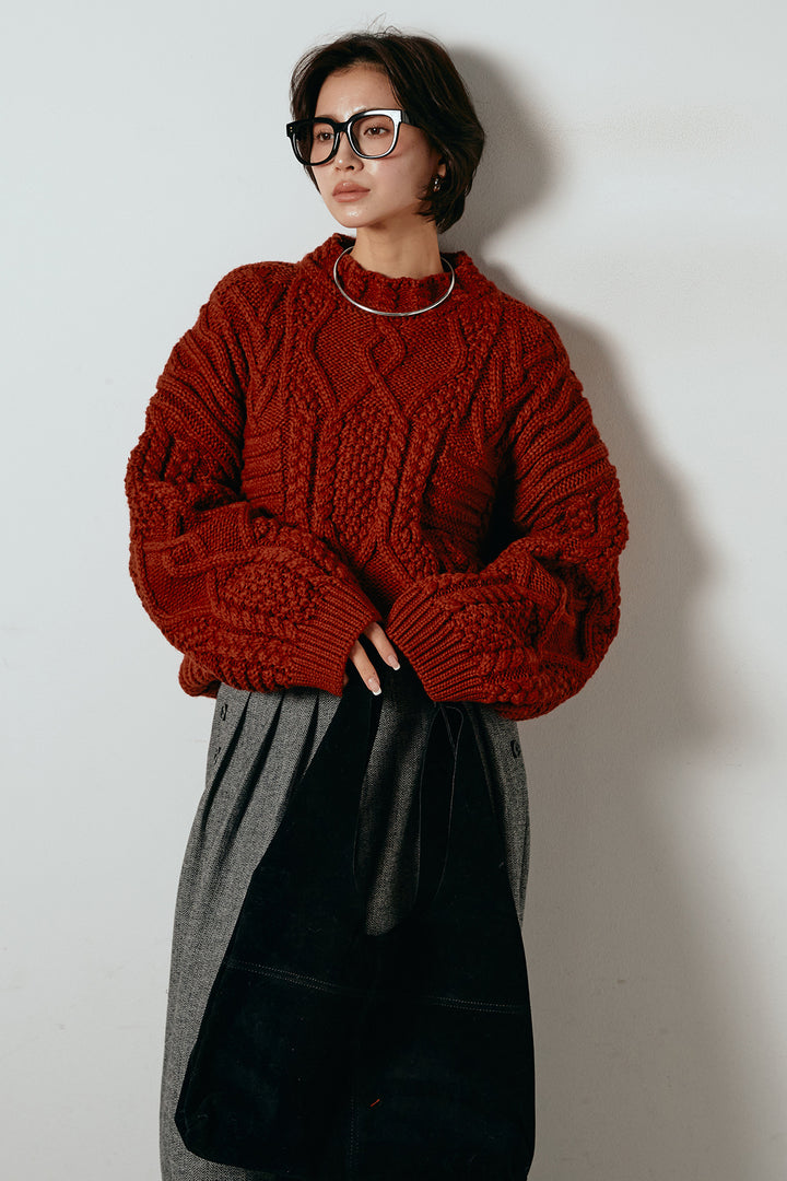 [SET]アラン柄ミックスケーブルニット+サイドボタンツイードタックパンツ(2set)