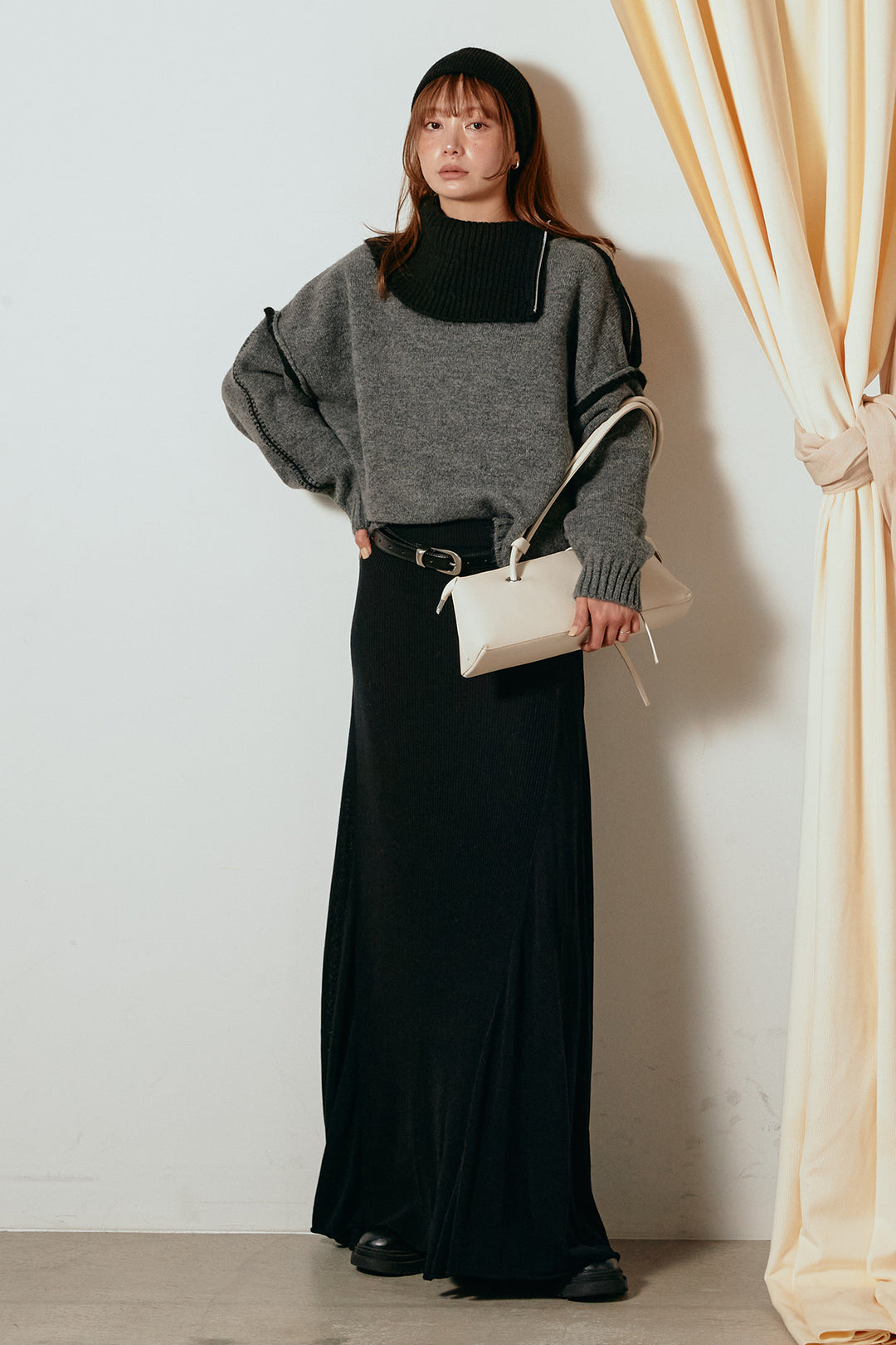 [SET]ハイネックジップデザインニットトップス+サイド切り替えリブニットロングスカート(2set)