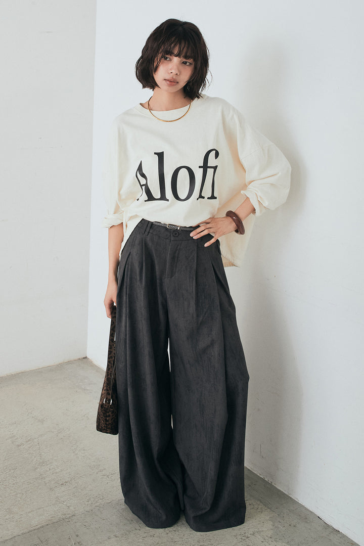 [SET]裾センタードロストロゴプリントワイドTシャツ+紐ベルト付きかすれ柄ワイドスラックス(2set)