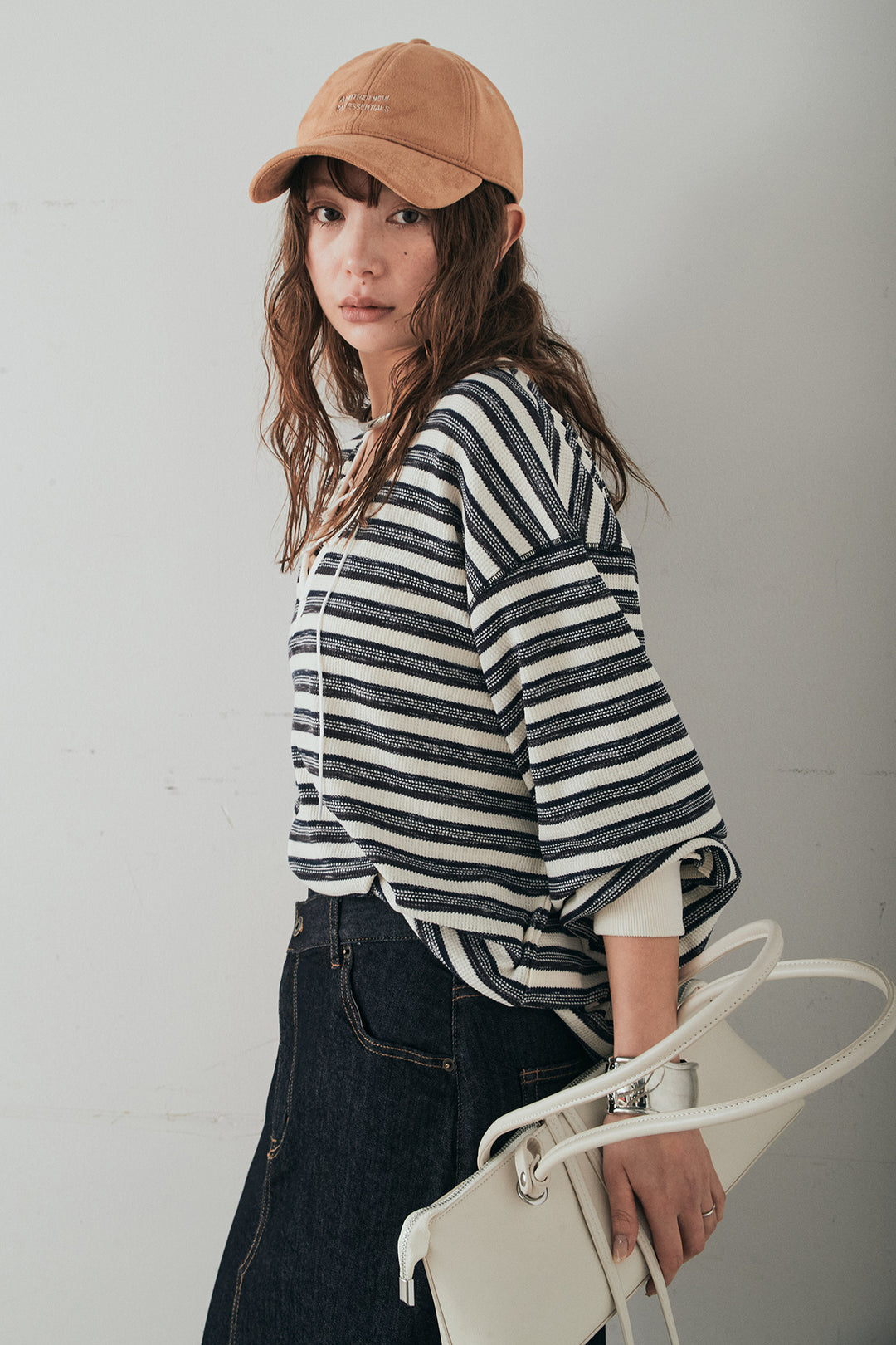 [SET]レースアップワッフルボーダートップス+ウエストクロスデニムタイトスカート(2set)