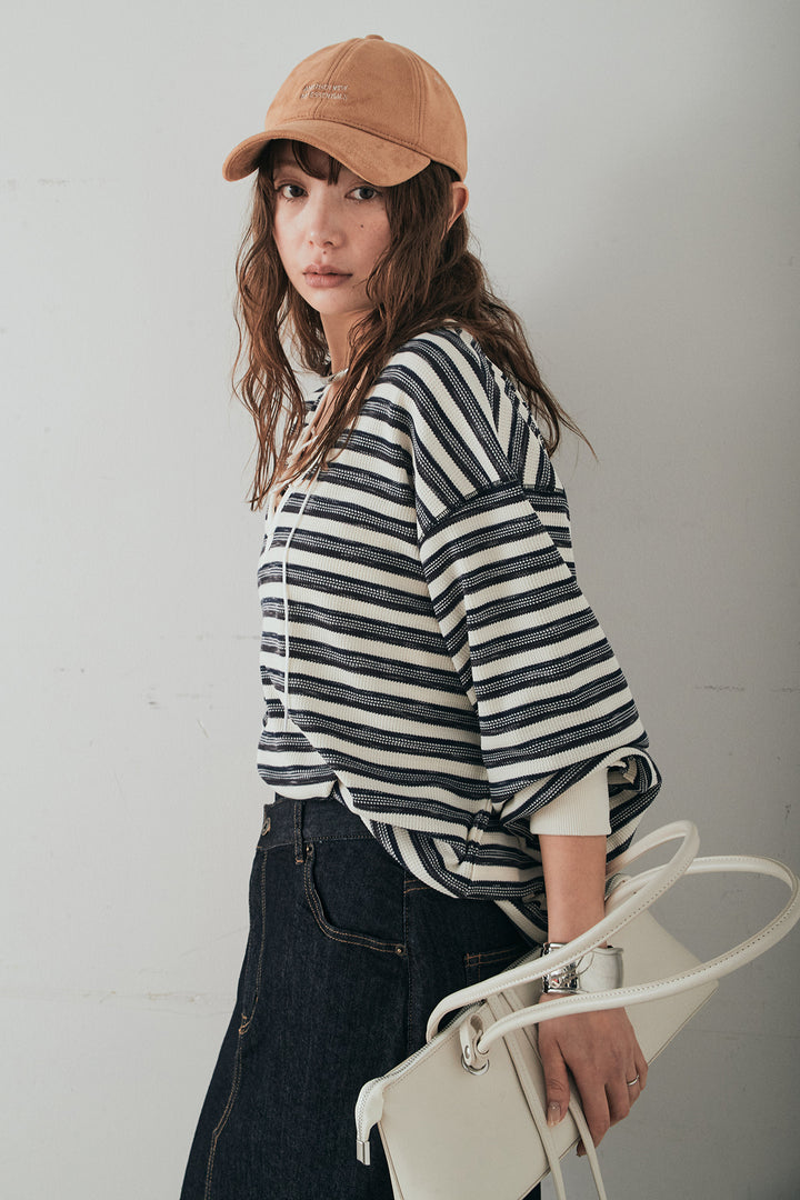 [SET]レースアップワッフルボーダートップス+ウエストクロスデニムタイトスカート(2set)