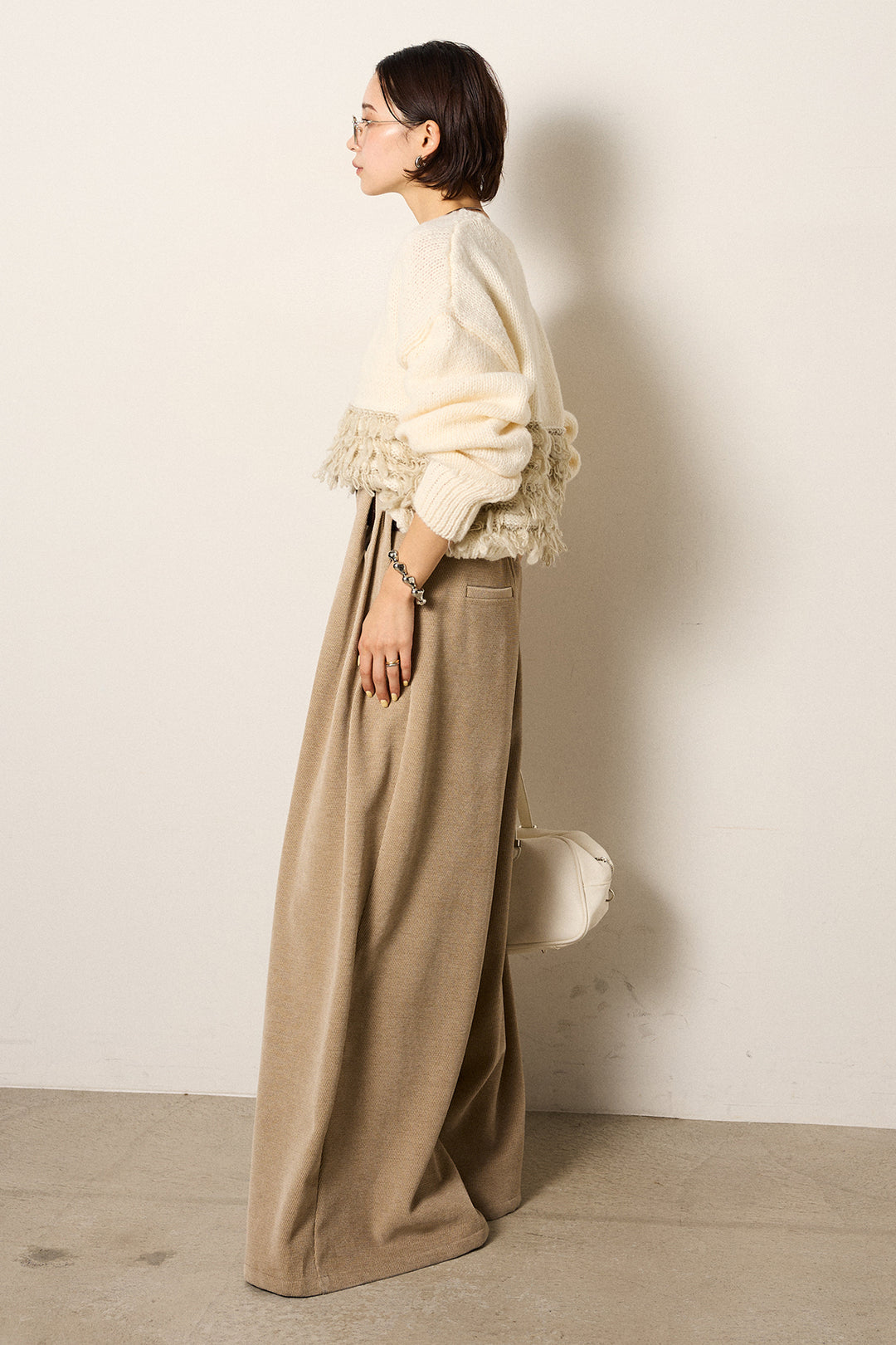 [SET]ループ編み切り替えニットプルオーバー+ベルトループコーデュロイワイドパンツ(2set)