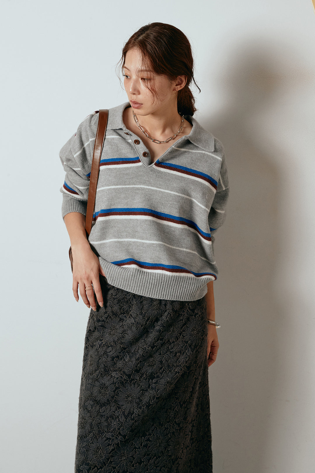 [SET]襟付きマルチボーダーニットポロトップス+花柄刺繍ベロアフレアスカート(2set)