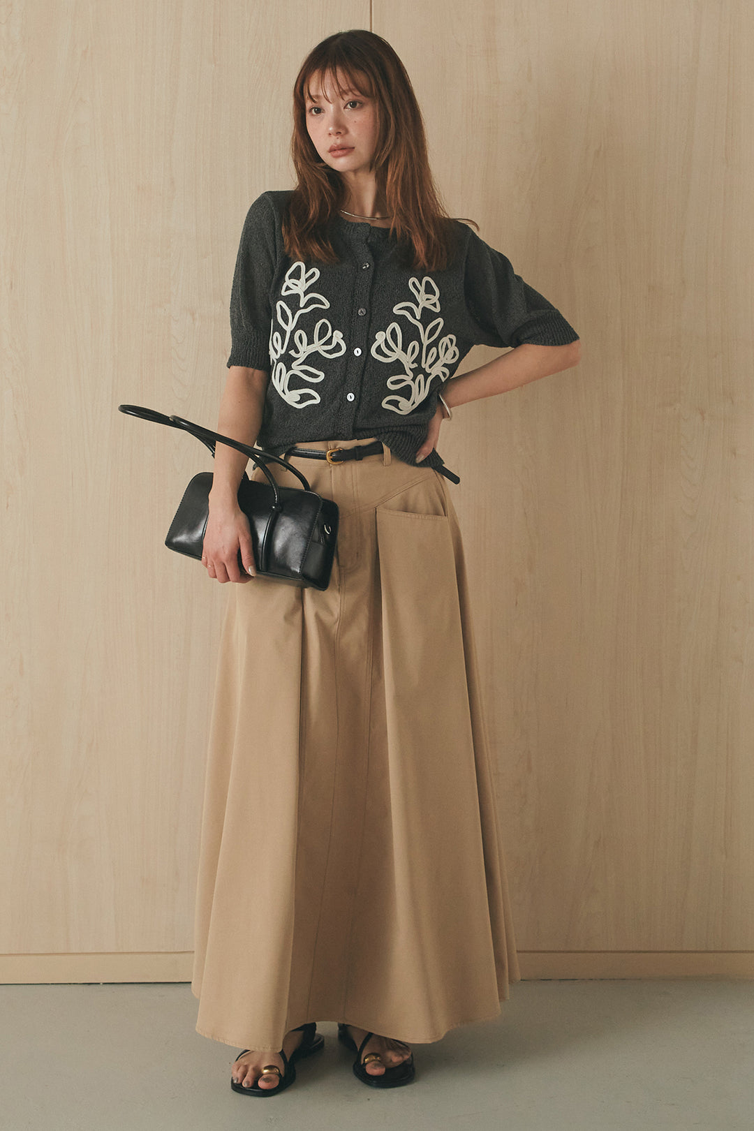 [SET]フロントテープデザイン半袖カーディガン+ミリタリーツイルタックフレアスカート(2set)