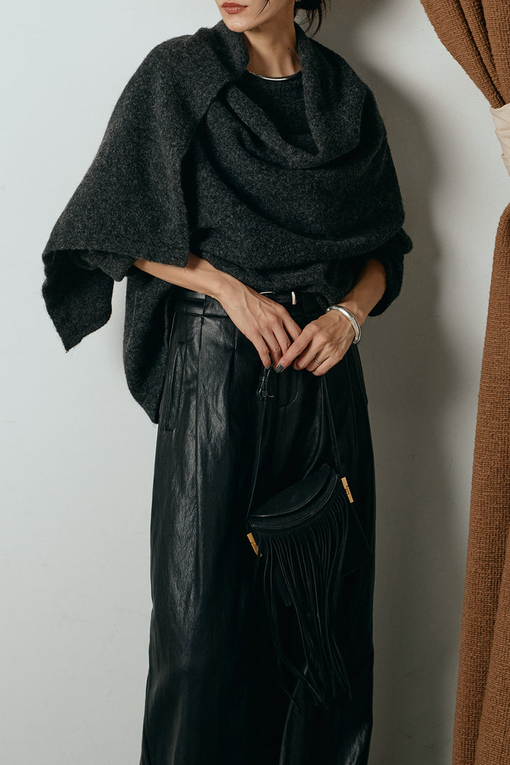 [SET]ネック巻きデザインニットトップス+ベルト付きレザーライクタックパンツ(2set)