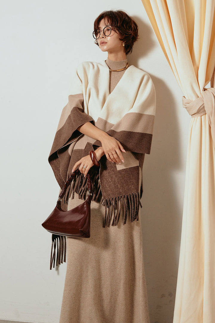 [SET]裾フリンジ柄ポンチョアウター+ノースリーブニットロングワンピース(2set)