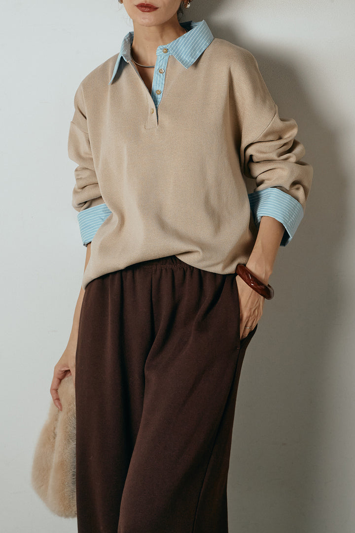 [SET]ストライプシャツドッキングポロトップス+裏起毛スウェットワイドパンツ(2set)