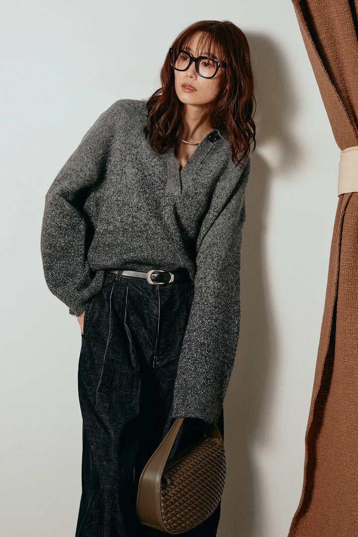 [SET]グラデーションラメニットキーネックプルオーバー+フロントタック入りコーデュロイパンツ(2set)