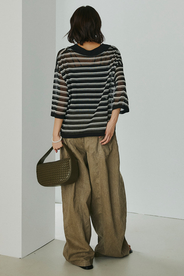 [SET]ボーダーニットポロシャツ+サイドベルトカーブワイドパンツ(2set)