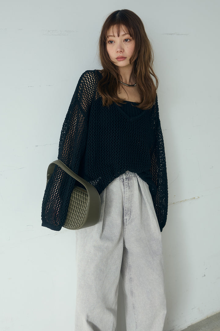 [SET]メッシュ編みビスチェセットVネックプルオーバー+カラーデニムタックカーブパンツ(2set)