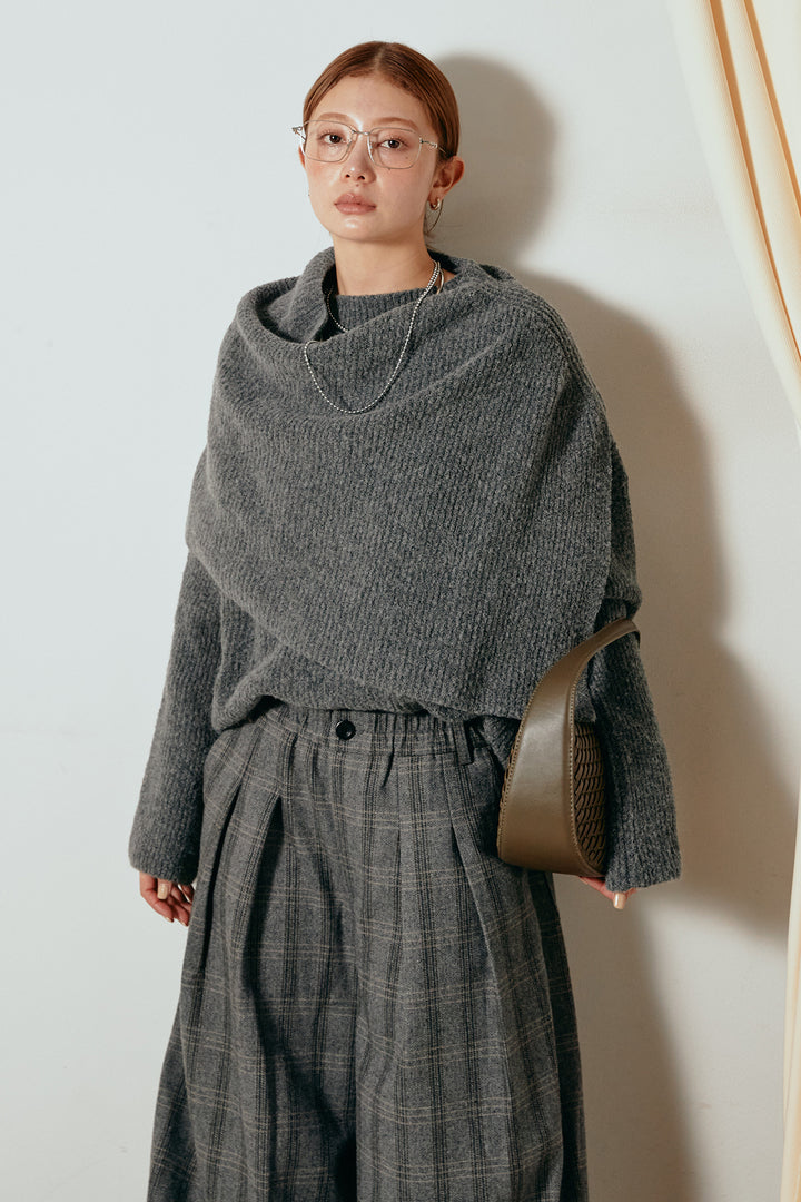 [SET]ケープデザインリブニットトップス+タータンチェック柄タックパンツ(2set)