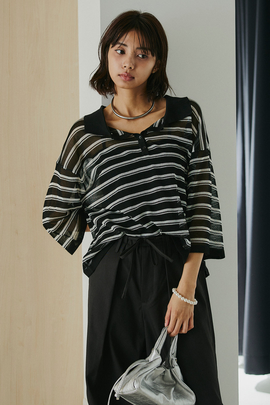 [SET]ボーダーニットポロシャツ+ニーサイドタックウエストドロスパンツ(2set)