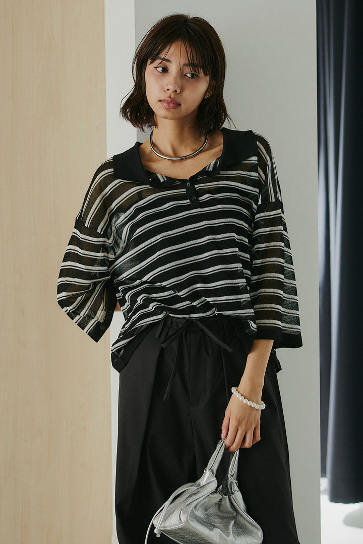 [SET]ボーダーニットポロシャツ+ニーサイドタックウエストドロスパンツ(2set)