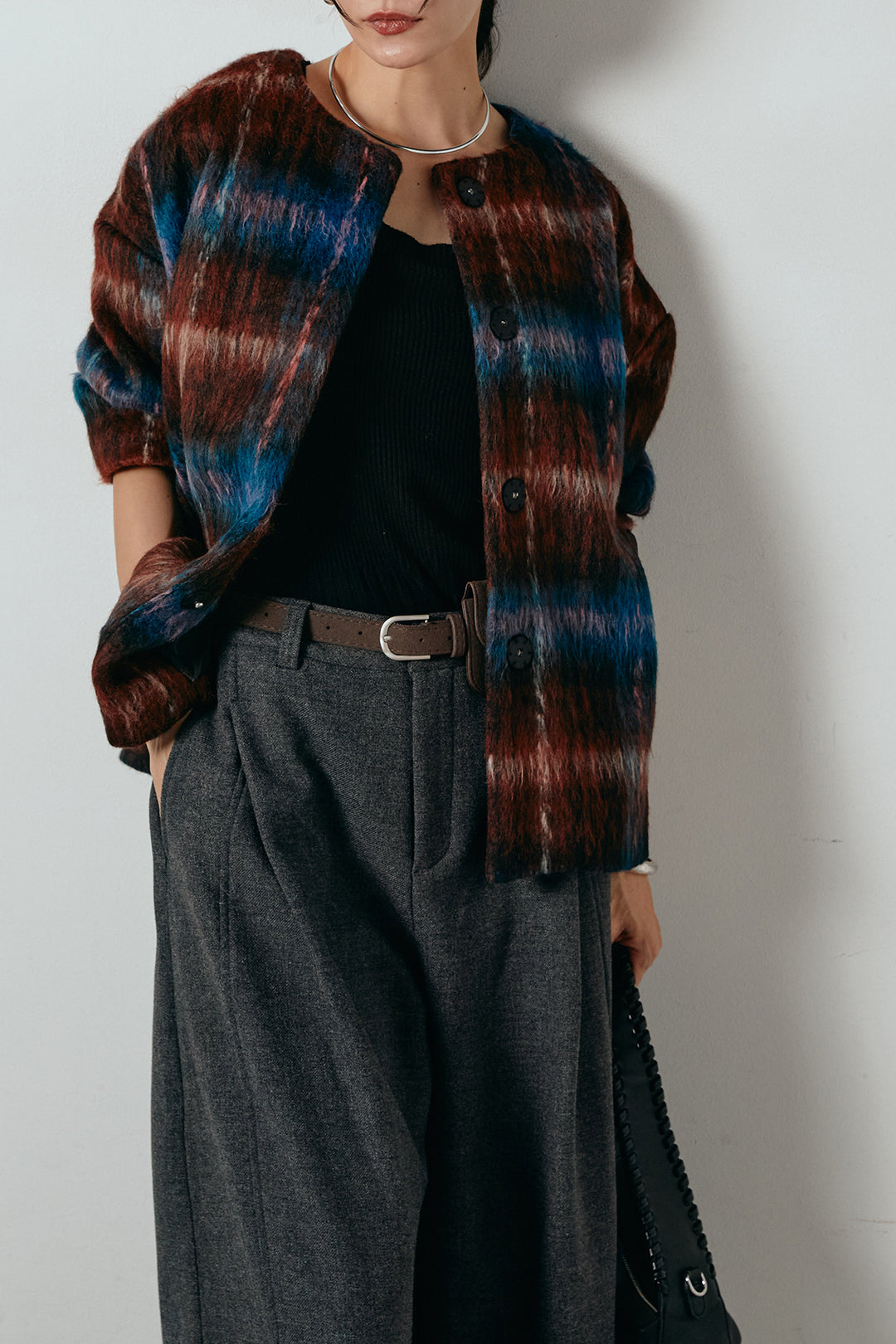 [SET]ノーカラーシャギーチェックアウター+ポーチベルト付きカーブパンツ(2set)