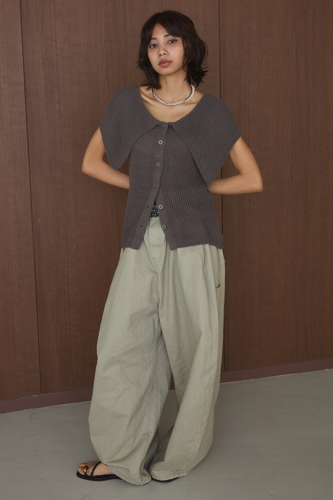 [SET]ビッグカラーボタンニットトップス+ベルト付きカラーデニムパンツ(2set)