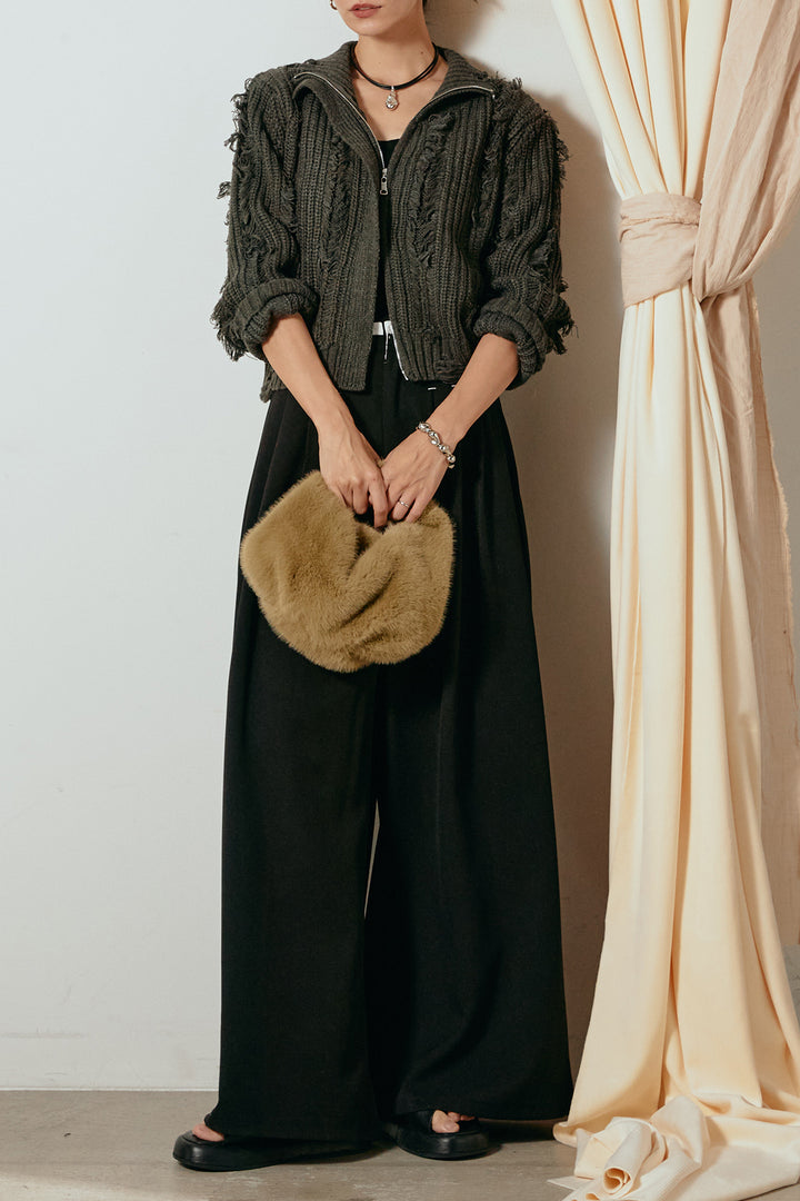 [SET]ハイネックフリンジジップニットトップス+ウエストステッチデザインワイドスラックス(2set)