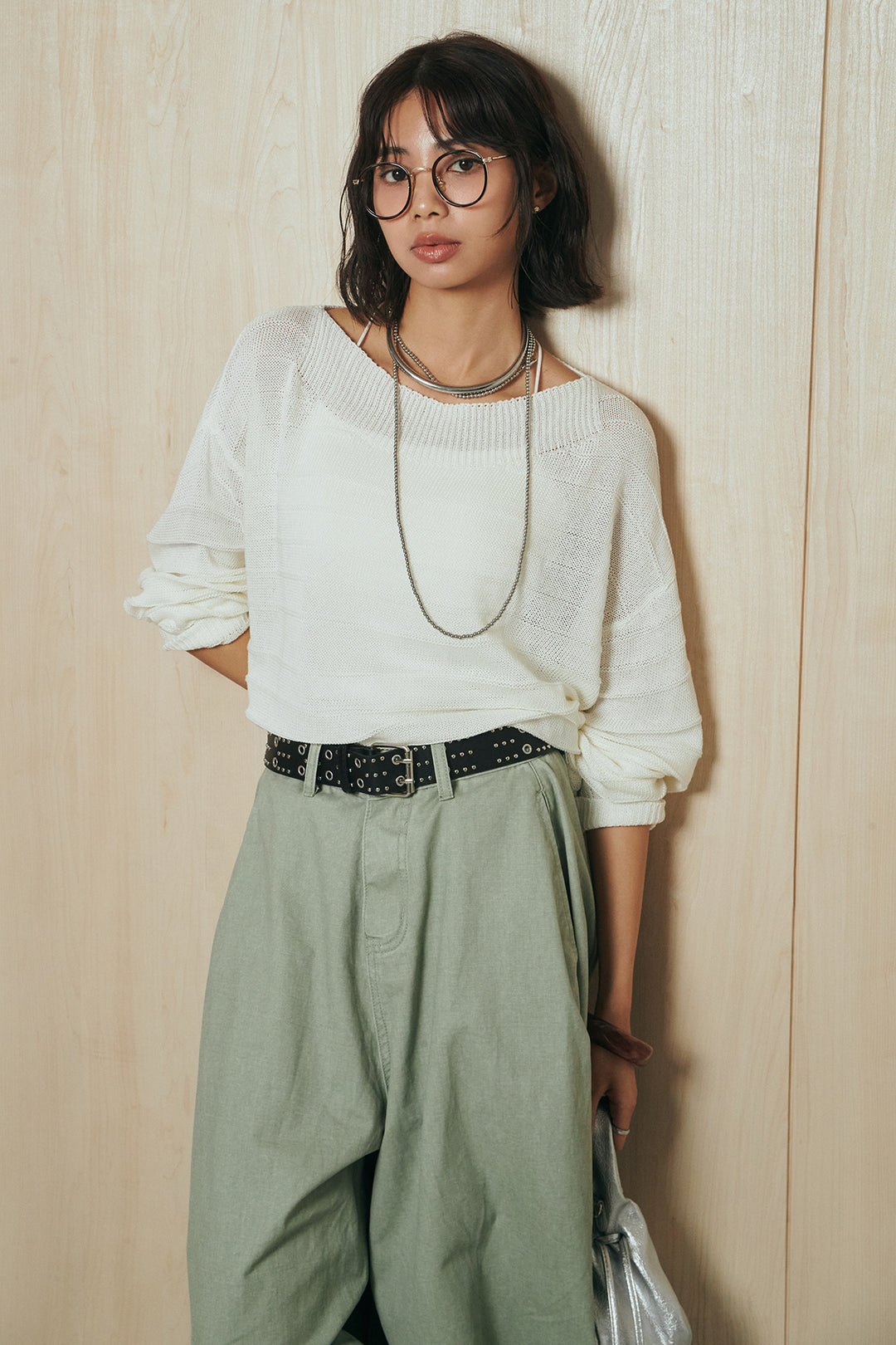 [SET]麻混リラックスニットトップス+ベルト付きカラーデニムパンツ(2set)