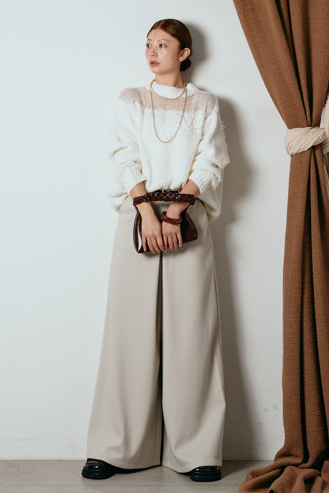 [SET]パターンランダム編みニットトップス+ベルト付きフロントタックデザインパンツ(2set)