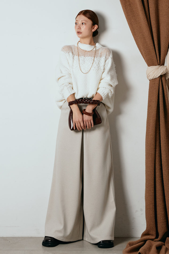 [SET]パターンランダム編みニットトップス+ベルト付きフロントタックデザインパンツ(2set)