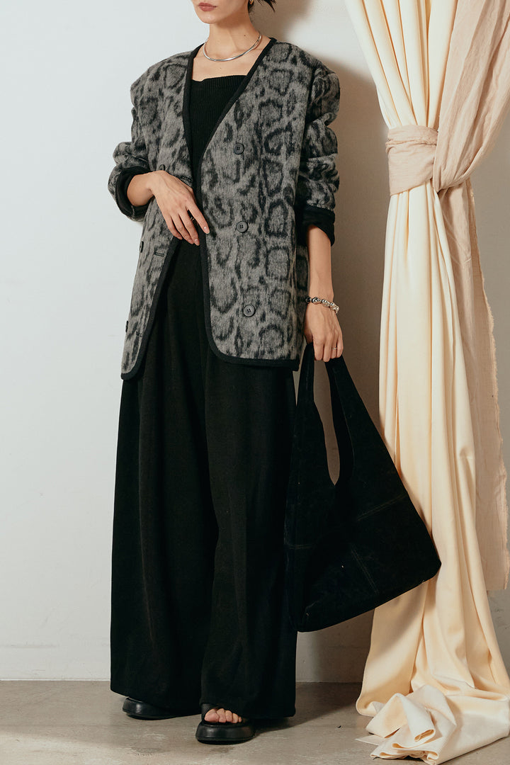 [SET]ノーカラーレオパード柄アウター+フェイクレザー太ベルト付きタックワイドパンツ(2set)