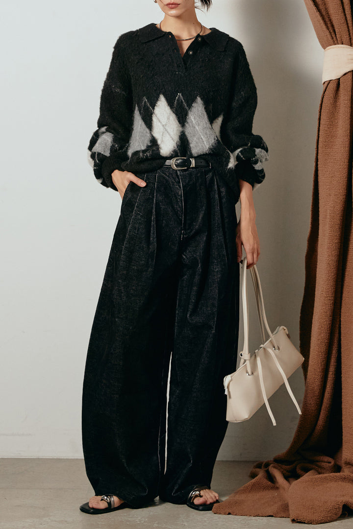 [SET]アーガイル柄ポロニットトップス+フロントタック入りコーデュロイパンツ(2set)