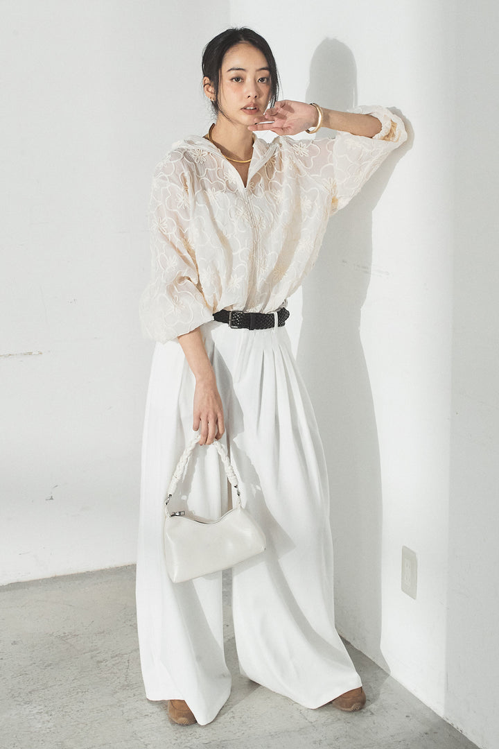 [SET]シアーフラワーフードブルゾン+編みベルト付きウエストタックワイドパンツ(2set)