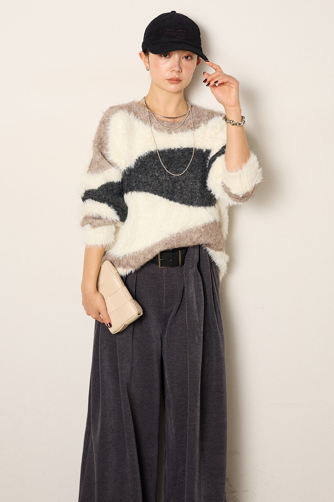 [SET]シャギーウェーブ柄クルーネックニットトップス+ベルトループコーデュロイワイドパンツ(2set)