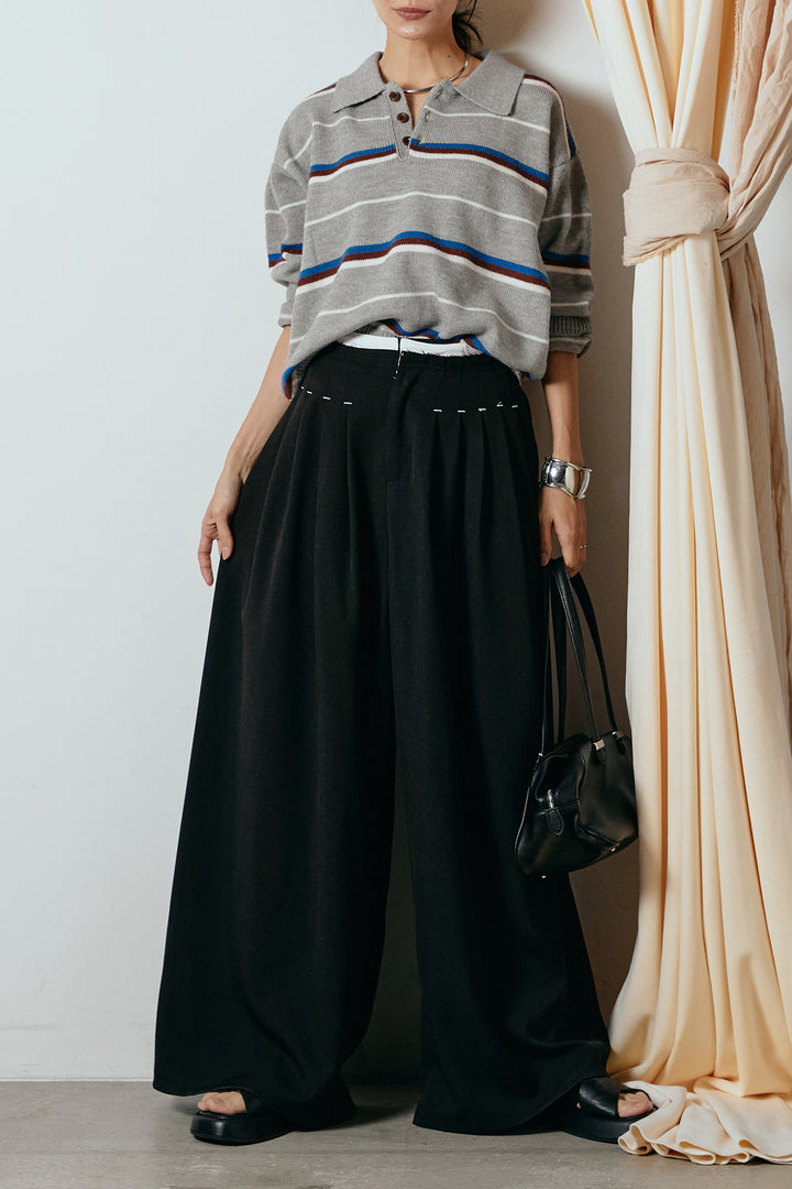 [SET]襟付きマルチボーダーニットポロトップス+ウエストステッチデザインワイドスラックス(2set)