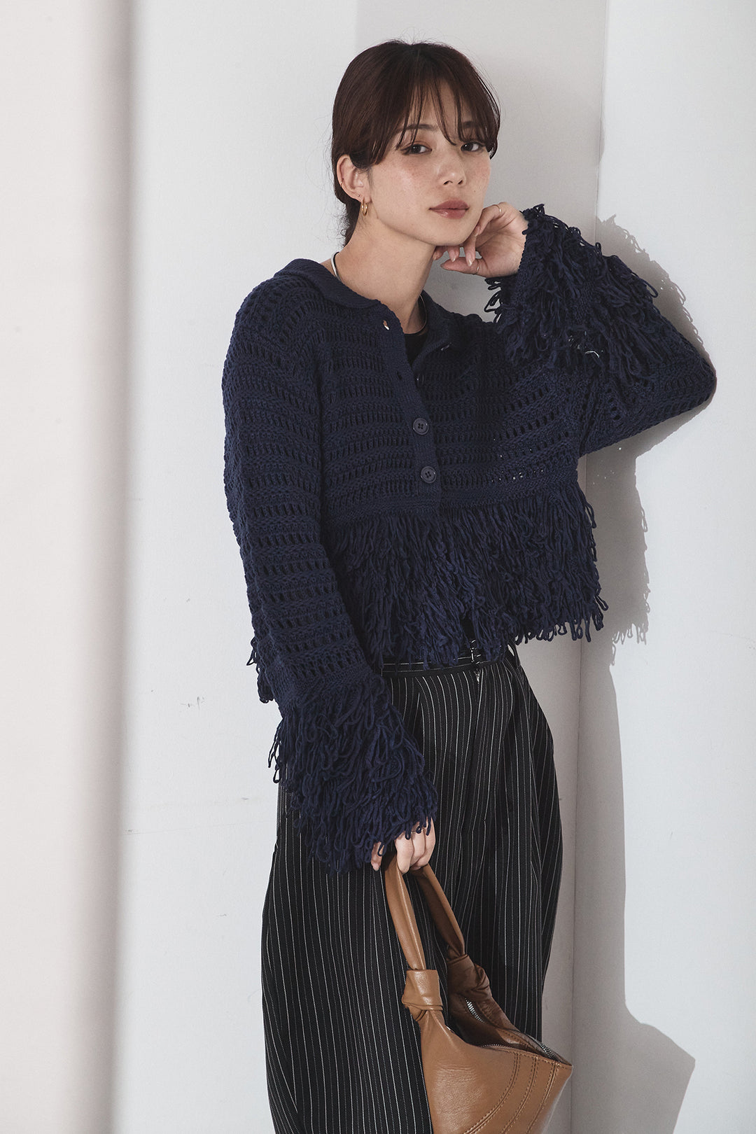 [SET]メッシュフリンジカーディガン+ヘリンボーンストライプツータックパンツ(2set)