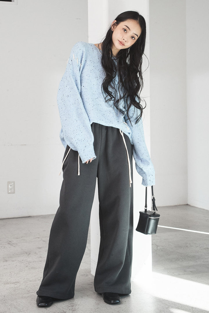 [SET]ネップ編み上げニットトップス+裏起毛スウェットワイドパンツ(2set)