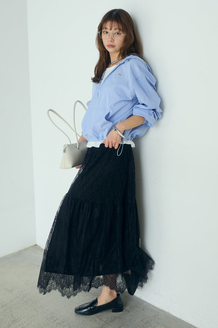 [SET]レイヤードデザインフーディートップス+ひげレース切替ロング丈スカート(2set)