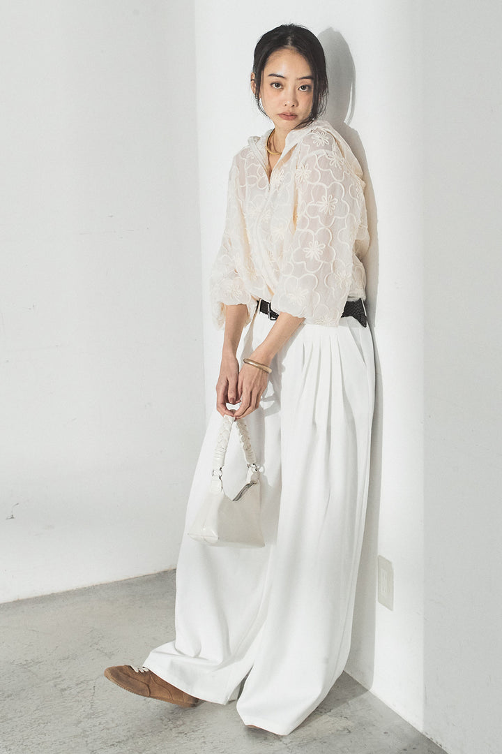 [SET]シアーフラワーフードブルゾン+編みベルト付きウエストタックワイドパンツ(2set)