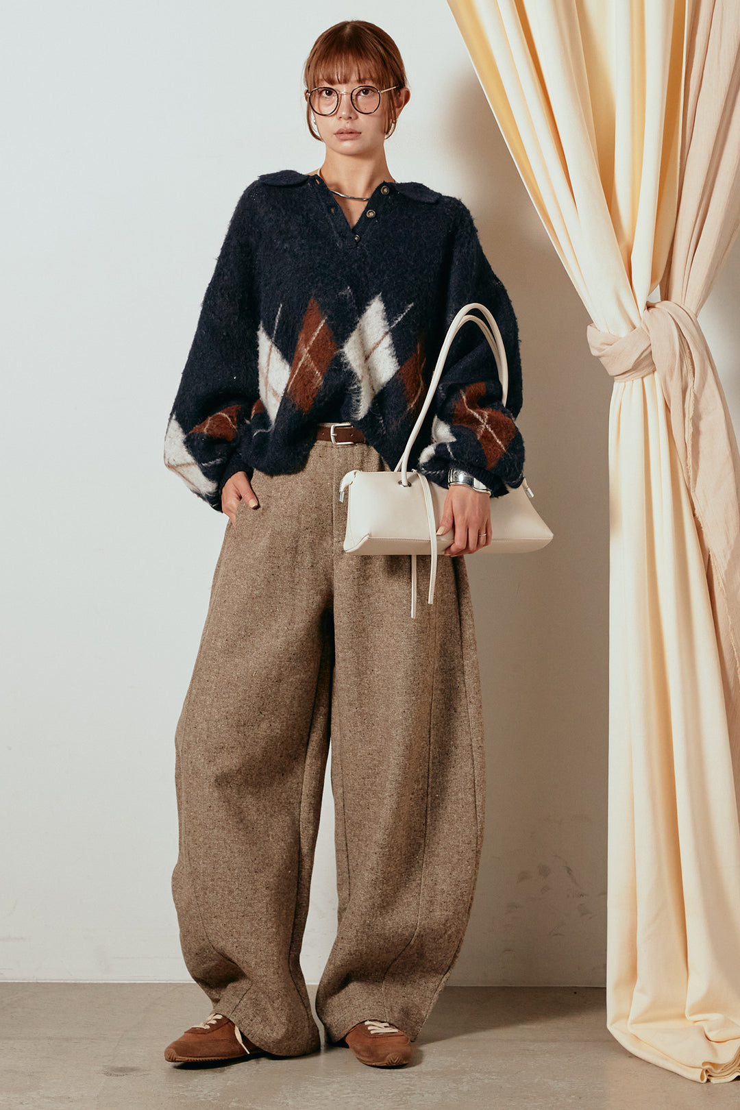 [SET]アーガイル柄ポロニットトップス+ベルト付きネップツイードカーブパンツ(2set)