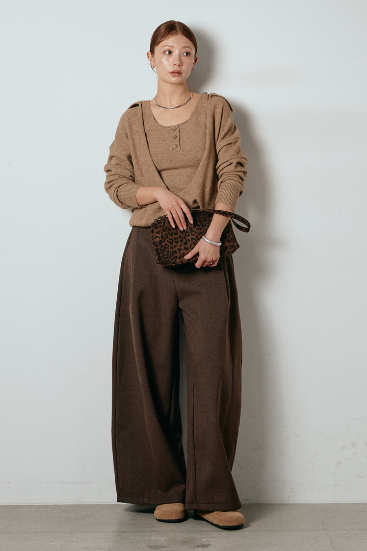 [SET]襟付きレイヤードニットトップス+ポーチベルト付きカーブパンツ(2set)