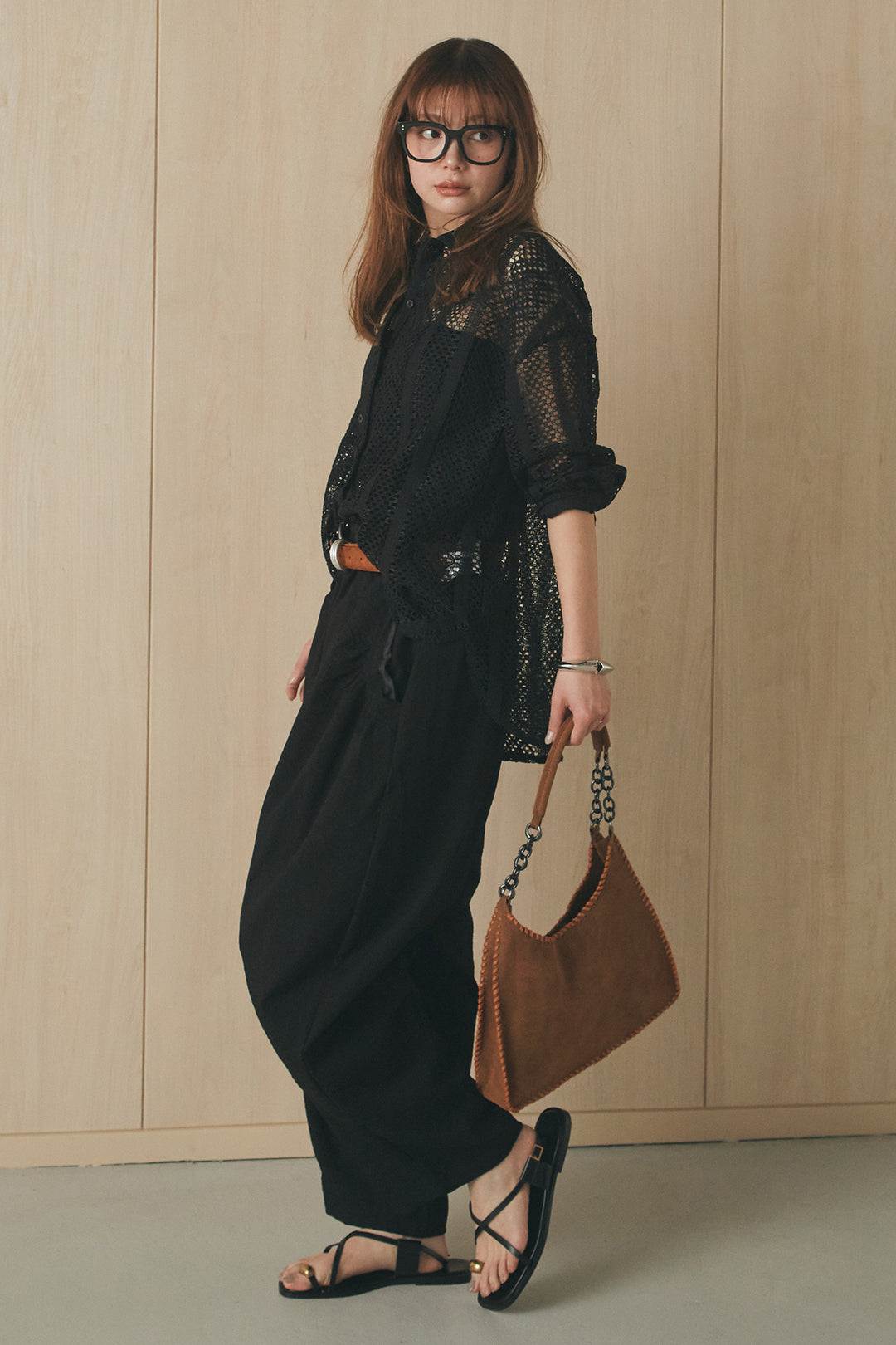 [SET]長袖襟付きレースシャツ+ポケットタックフォルムパンツ(2set)