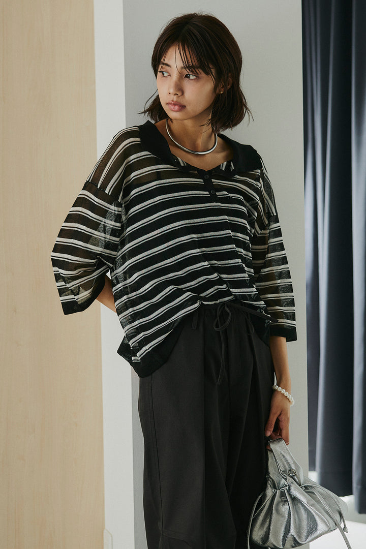 [SET]ボーダーニットポロシャツ+ニーサイドタックウエストドロスパンツ(2set)