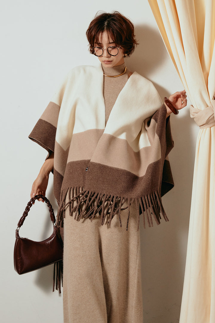 [SET]裾フリンジ柄ポンチョアウター+ノースリーブニットロングワンピース(2set)