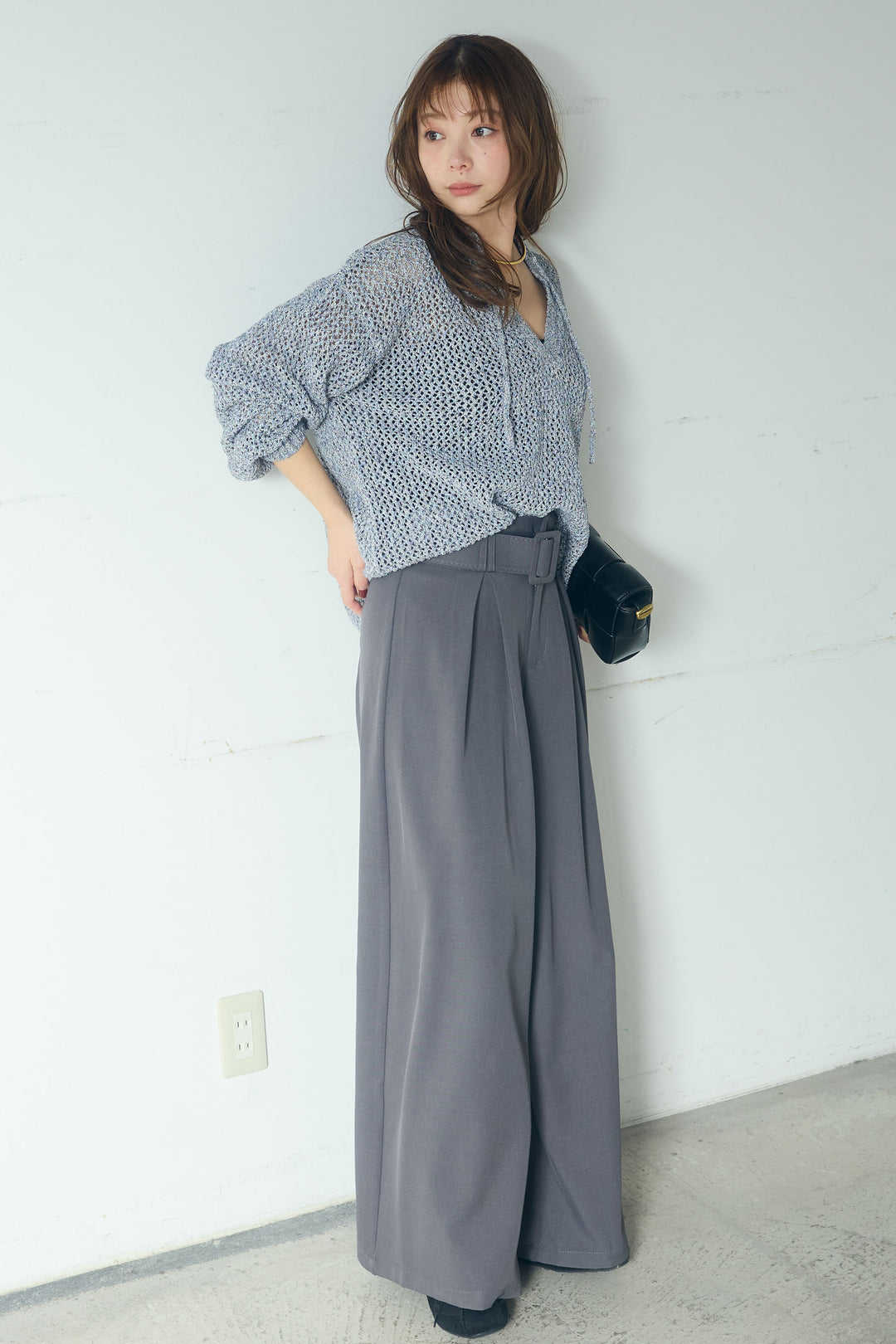 【即納】ミックスメッシュキーネックプルオーバー
