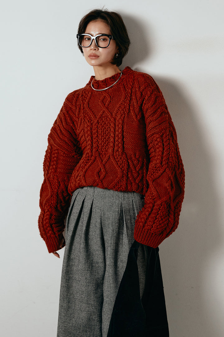 [SET]アラン柄ミックスケーブルニット+サイドボタンツイードタックパンツ(2set)