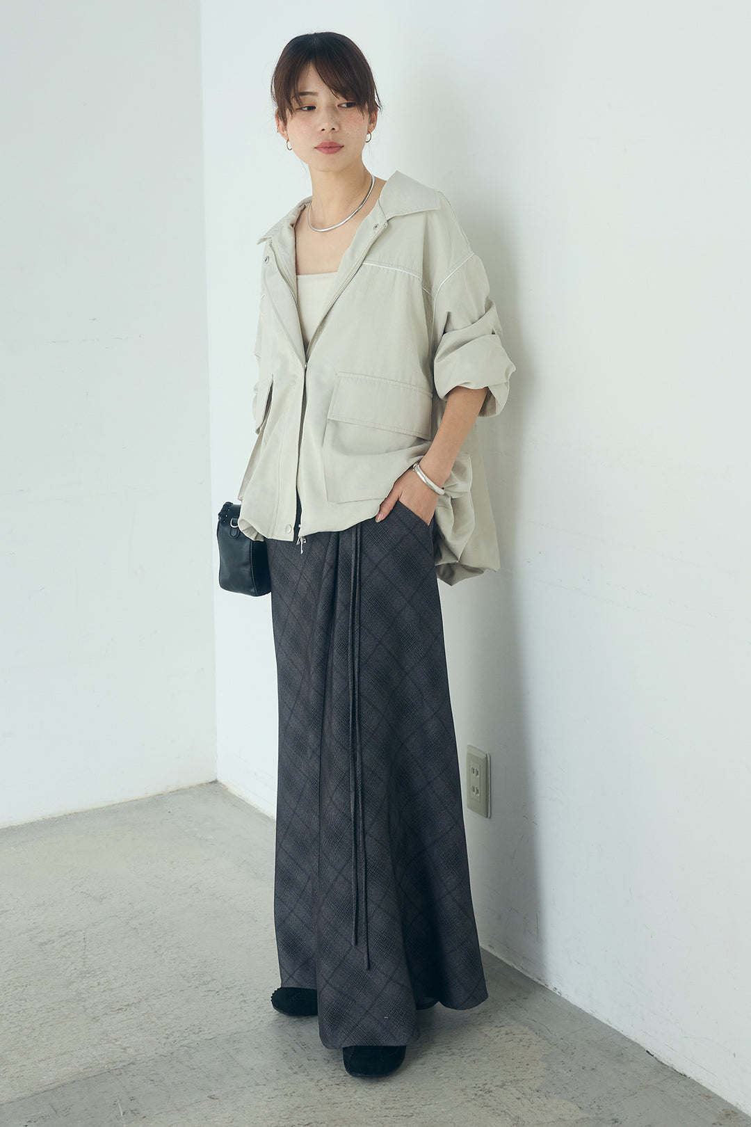 [SET]合繊ツイルバルーンジャケット+タータンチェック柄フロントデザインスカート(2set)
