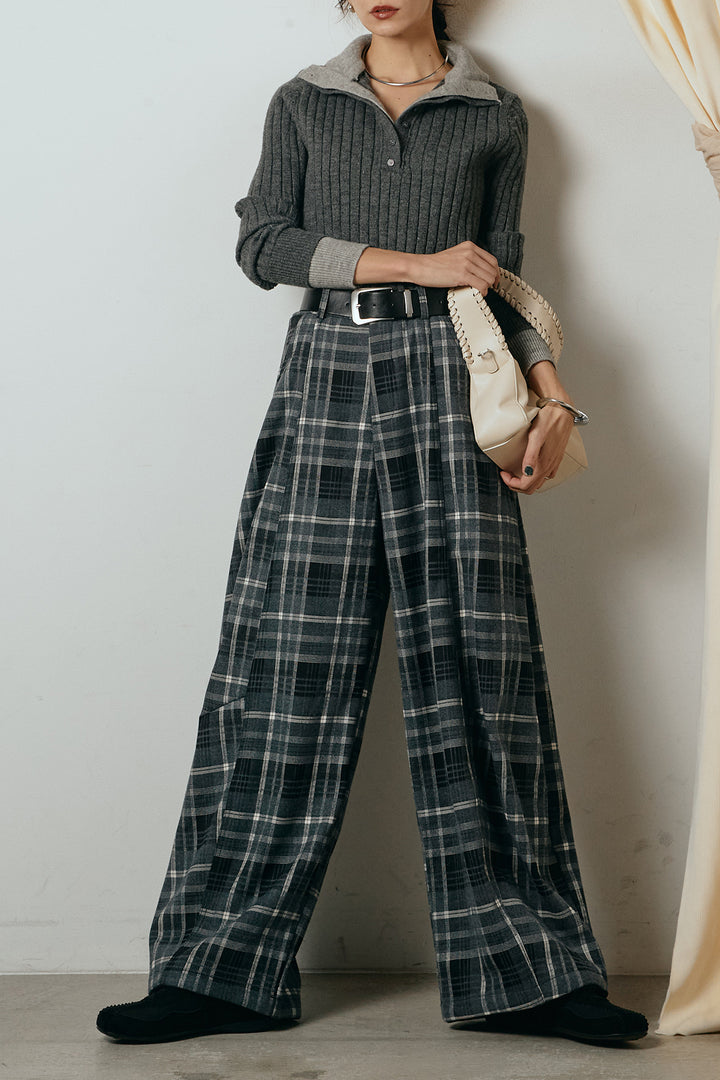 [SET]レイヤード風リブニットトップス+ベルト付きタータンチェックカーブワイドパンツ(2set)