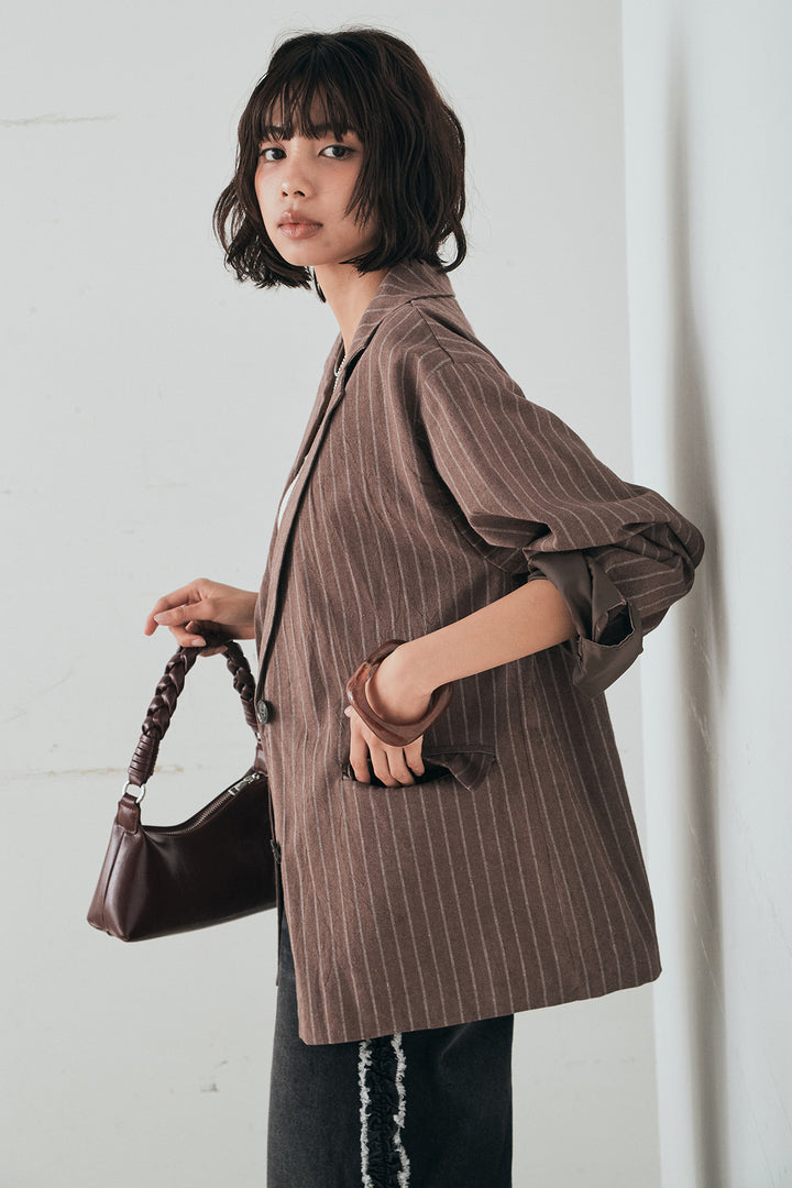 [SET]リネンライクストライプテーラードジャケット+デニムサイドフリルパンツ(2set)