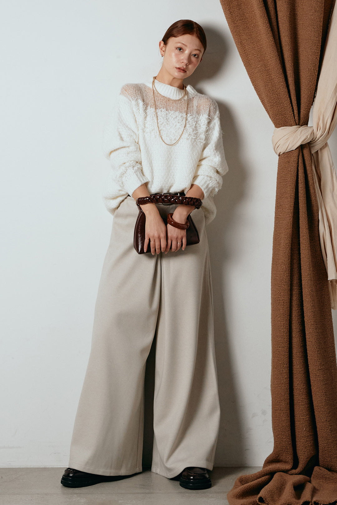 [SET]パターンランダム編みニットトップス+ベルト付きフロントタックデザインパンツ(2set)