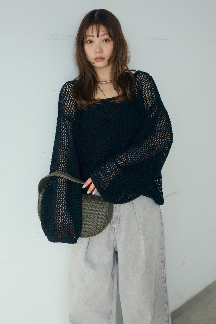 [SET]メッシュ編みビスチェセットVネックプルオーバー+カラーデニムタックカーブパンツ(2set)