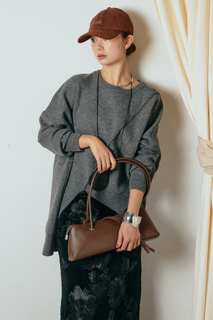 [SET]アシンメトリーデザインニットトップス+フラワー刺繍ワイドスカート(2set)