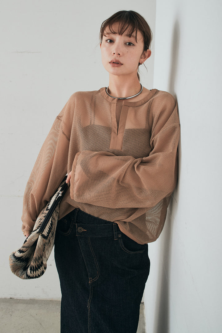 [SET]メッシュカットソースキッパープルオーバー+ウエストクロスデニムタイトスカート(2set)