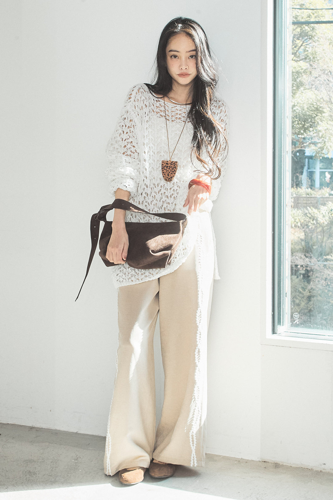 [SET]リラックスメッシュニットトップス+刺繡テープラインパンツ(2set)